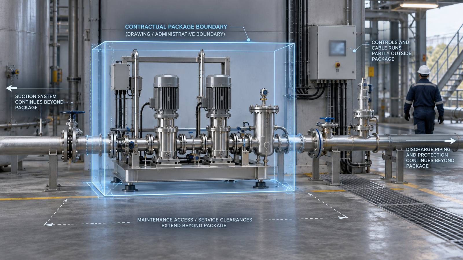 Ekyos engineering and digital systems consultancy 4 Pump skid with highlighted battery limit and connected suction, discharge, control and maintenance interfaces.
